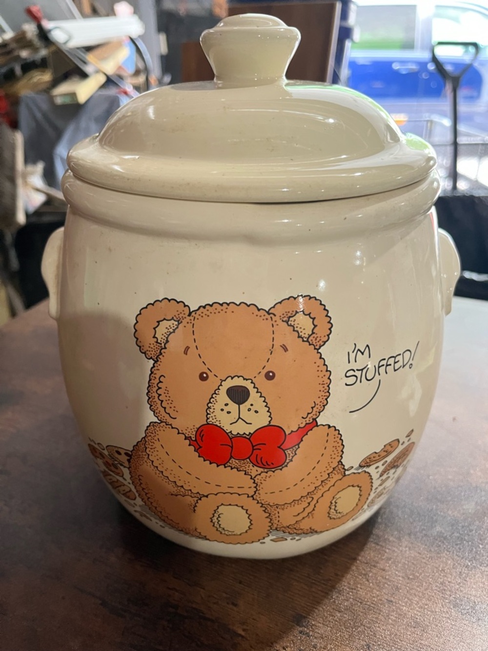 Ceramic Teddy Bear Cookie Jar - Cream with Red Bow